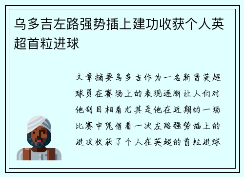 乌多吉左路强势插上建功收获个人英超首粒进球 乌多吉左路强势插上建功收获个人英超首粒进球